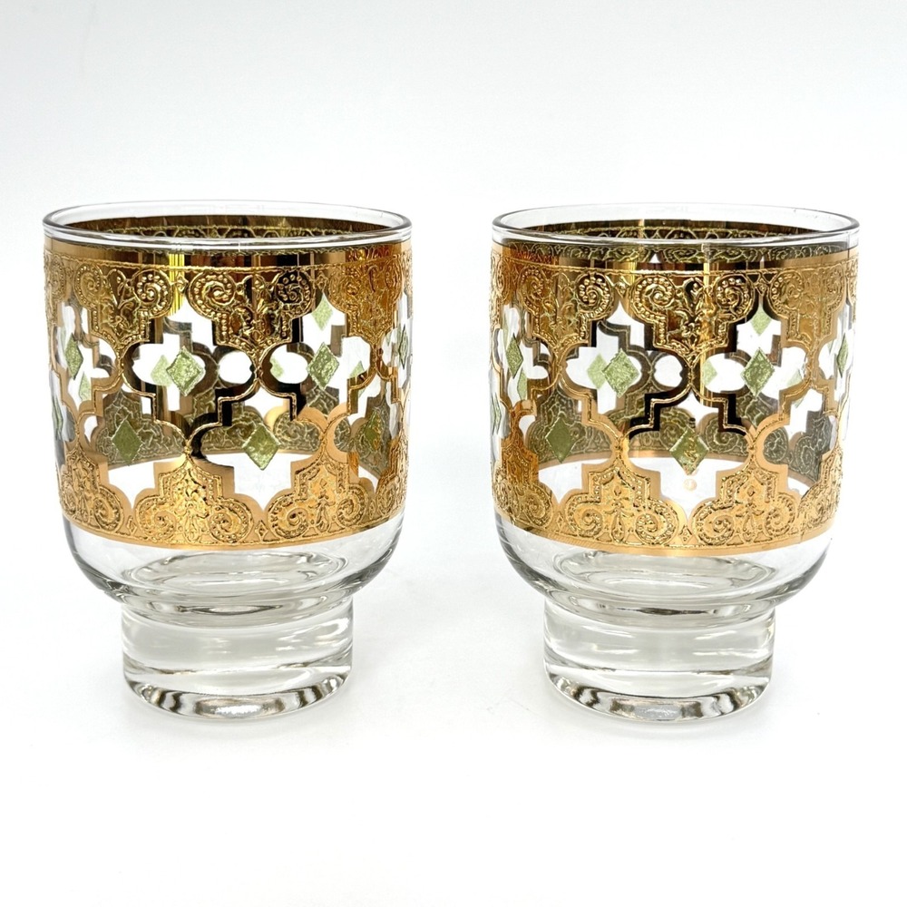Set of 2 CULVER Valencia Footed Double Old Fashioned Glasses 22K Gold Gilt MCM